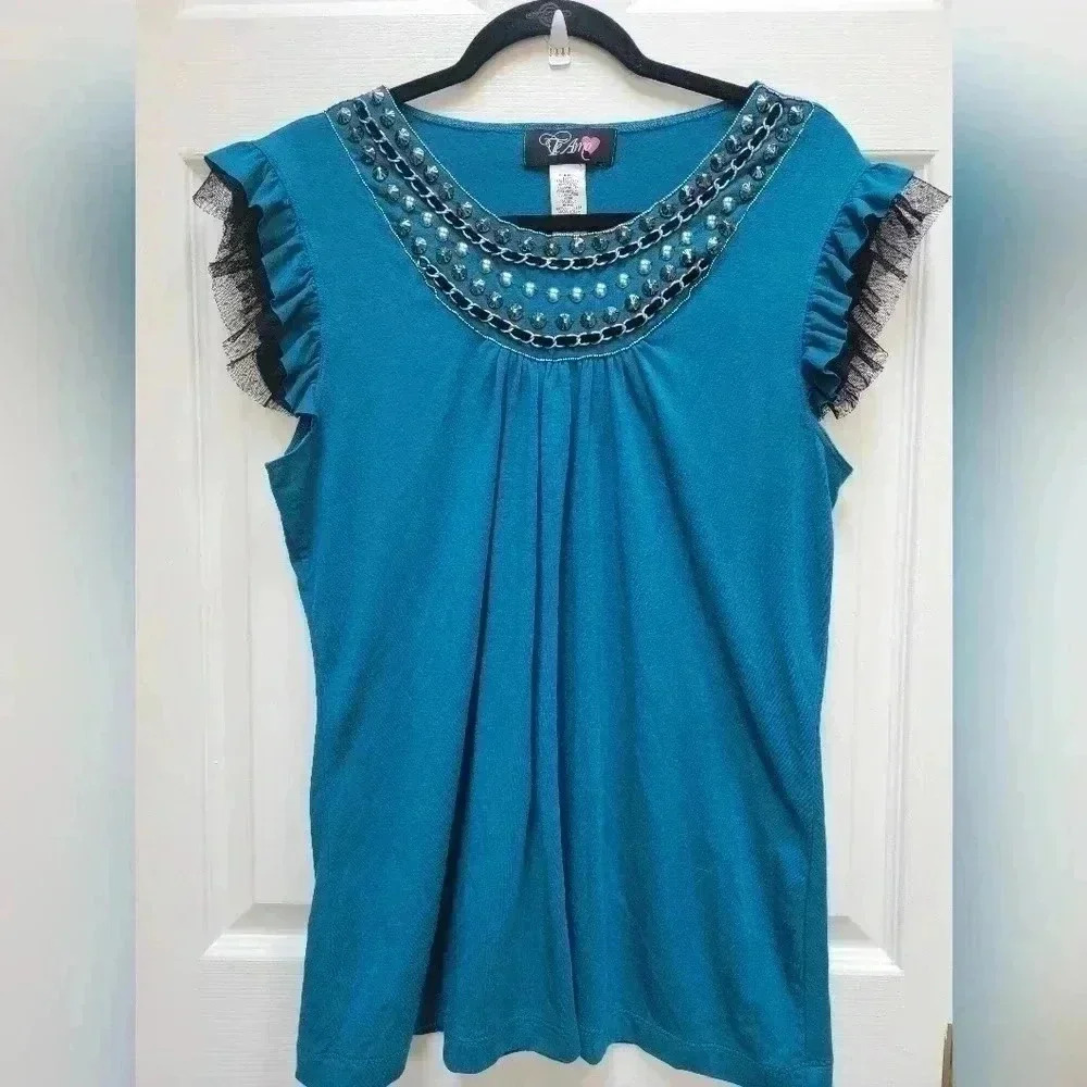 TeAmo Bling Ruffle Sleeves Ladies Top Size Large